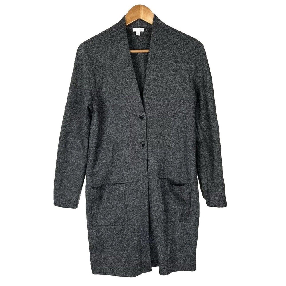J Jill Long Cardigan Duster Gray Button Up Pockets Cotton Blend Womens Petite L